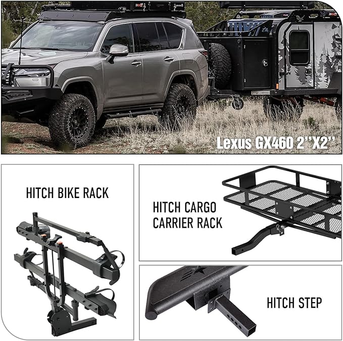 for Lexus GX460 Tow Hitch, 2 Inch Receiver, Class 3 Trailer Hitch Compatible with 2010-2024 Lexus GX460 GX 460 Hitch Receiver with Cover, Black Power Coat Towing Combo