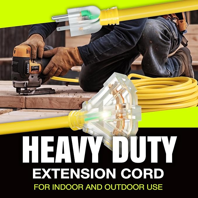 25ft Outdoor/Indoor Extension Cord 3-Outlet 12/3 Gauge Extra Heavy Duty 3 Prong SJTW, Waterproof, Flexible Cold-Resistant Long Power Cord,15A 125V 1875W, Yellow by LifeSupplyUSA