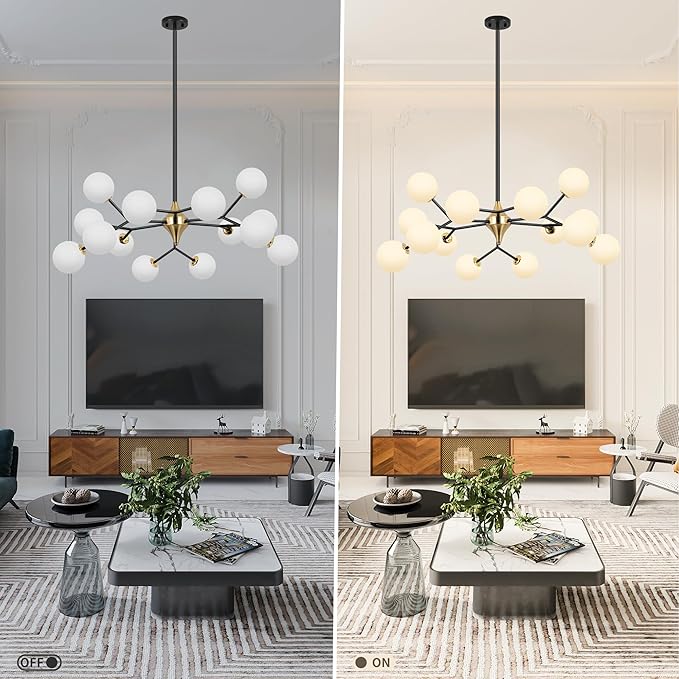 COCOSTAR Black and Gold Dining Room Chandelier, 15 Lights Modern Sputnik Chandelier for Kitchen Island Living Room Bedroom, Ceiling Light Fixture Over Table, G9 Base