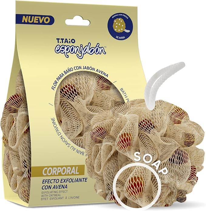 T.Taio Esponjabon Shower Bath Puff Soap Sponge - Loofah Luffa Loufa Body Wash Ball - Mesh Pouf Scrubber for Full Cleanse Lather Skin Care - Essential Beauty Bathroom Accessories - Fresh Oatmeal Scent