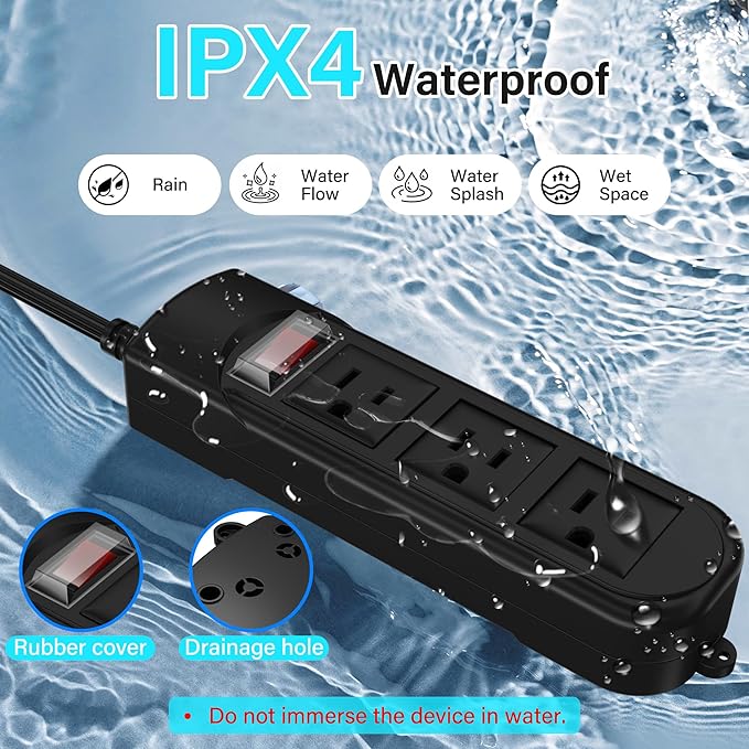Outdoor Power Strip 15 Ft, IPX4 Waterproof Surge Protector 3 Widely Spaced AC Outlets Extension Cord, 45° Flat Plug, Wall Mountable, 18 Gauge 125V for Garden Patio Camping Christmas Lights-ETL