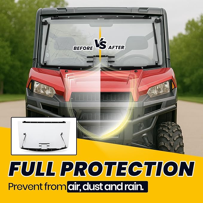 HECASA 3-IN-1 Flip Windshield Compatible With 2013+ Polaris Ranger XP 900/900 Crew/XP 1000, 2015-2018 Polaris Ranger 1000 Diesel/Crew W/ Gas Spring Plastic Clear