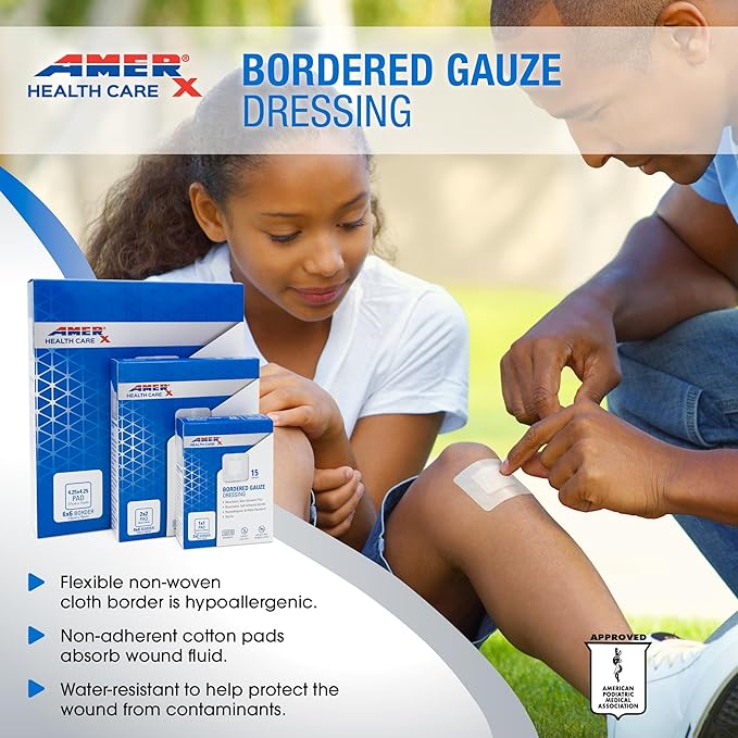 4" x 4" Dressing (2x2 Pad) AMERX Bordered Gauze - Adhesive Bandages - Water Resistant Barrier - Self Adhesive Border - Breathable, Hypoallergenic - 15 Pads Per Box