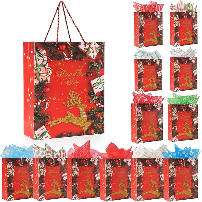 Rusikia 12 Christmas Gift Bags with 12 Tissues and 1 Satin Ribbon, Red Party Favor Bags Bulk with Handles, Glittery Cute Tree Balls Merry Deer Paper Bag for Wrapping Present (Small 9"x7"x3")