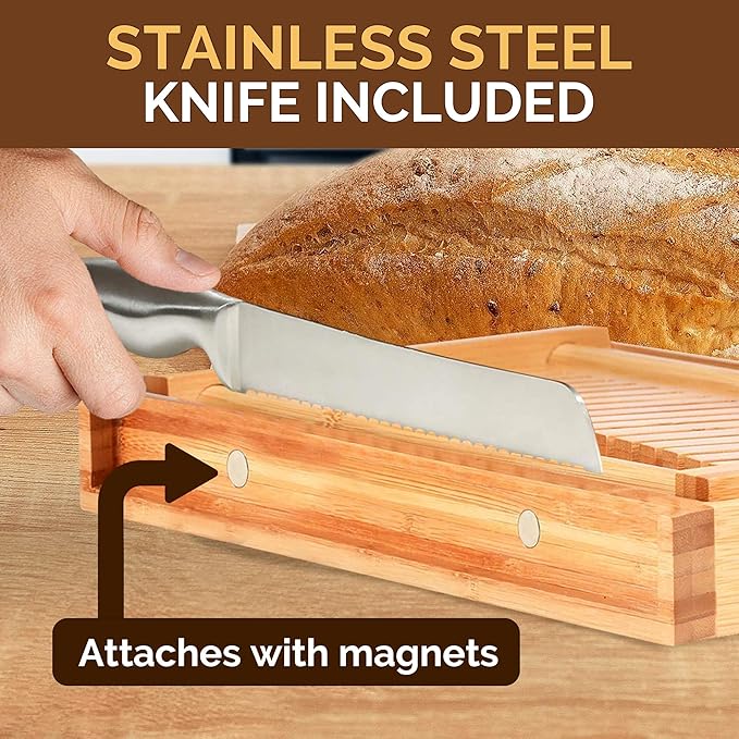 Bread Slicer for Homemade Bread - Adjustable Bamboo Bread Cutter with Knife, Foldable Slicing Guide & Crumb Tray - Bread Loaf Slicer for Sourdough, Cakes, Bagels, Loaves - Kitchen Baking Tool & Gift