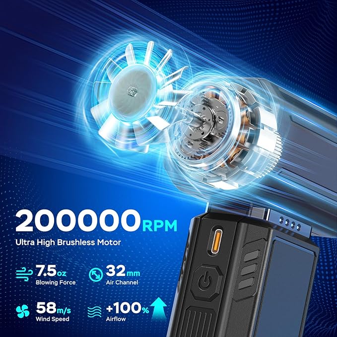 Compressed Air Duster,200000RPM Electric Portable Air Duster,Stepless Speed Mini Blower,No Canned Dust Blower,Rechargeable Cordless Jet Fan for Computer Keyboard Car Cleaning,Dry,Inflation-Black