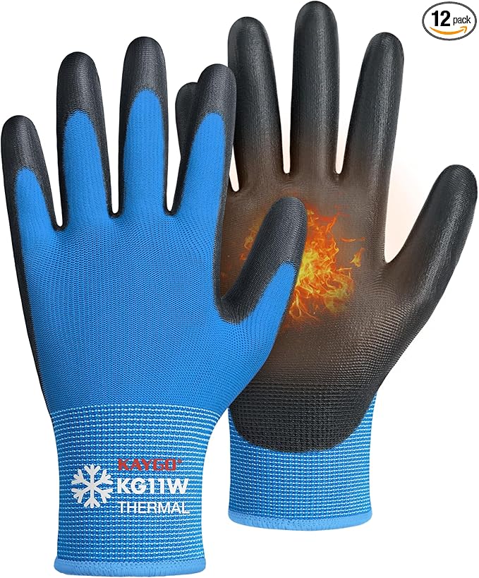 KAYGO Winter Work Gloves for Men and Women, 12 Pairs Thermal Insulated Safety Work Gloves PU Coated, Smooth Grip on Palm & Fingers,Ideal for Freezer Work,Blue,M