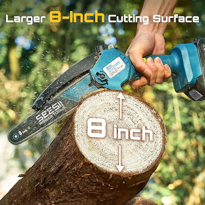 SEESII Mini Chainsaw 8 inch,Cordless Chainsaw w/ 2pcs 2000mAh Batteries,Oiler System & Replacement Chain,Handheld Chain Saw w/Safety Lock,Battery Powered Chain saw for Wood Tree Cutting,CH820+