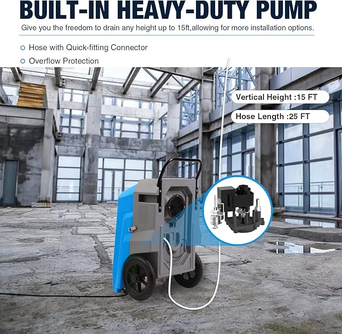 MOUNTO 180Pints Commercial Dehumidifier with Pump and Drain Hose, LGR Portable Dehumidifier with wheels for Home, Basements, Garages, and Job Sites.