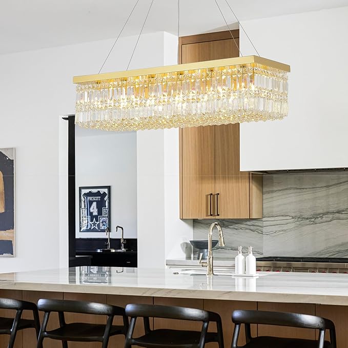 Gold Rectangular Crystal Chandelier 18-Light, Premium K9 Raindrop Chandelier with Adjustable Suspension Chain, Dimmable Hanging Light for Spacious Living Room, Grand Dining Room, 40" L x 10" W