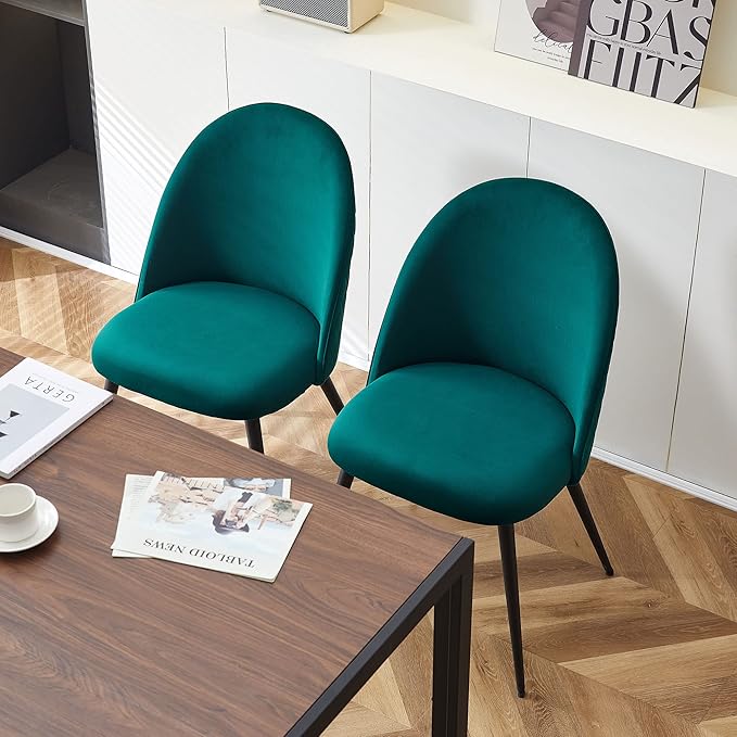 Contemporary Home Kitchen Dining Chair Set of 4,Nice Velvet Living Reception Chair No Arms with Metal Legs,Soft Cushion & Adjustable Feet Cover for Vanity,Dining,Dark Green