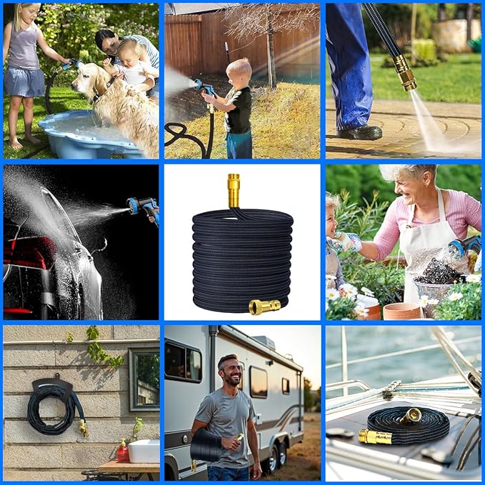 10FT Lightweight Flexible Hose,Solid Brass Head Garden Hose for Boat,RV, Marine Washdown, Lawn,Garden,Camp,outdoor,Superior high pressure TPE water Hose(Solid Brass&BlueBlack, 10 FT)