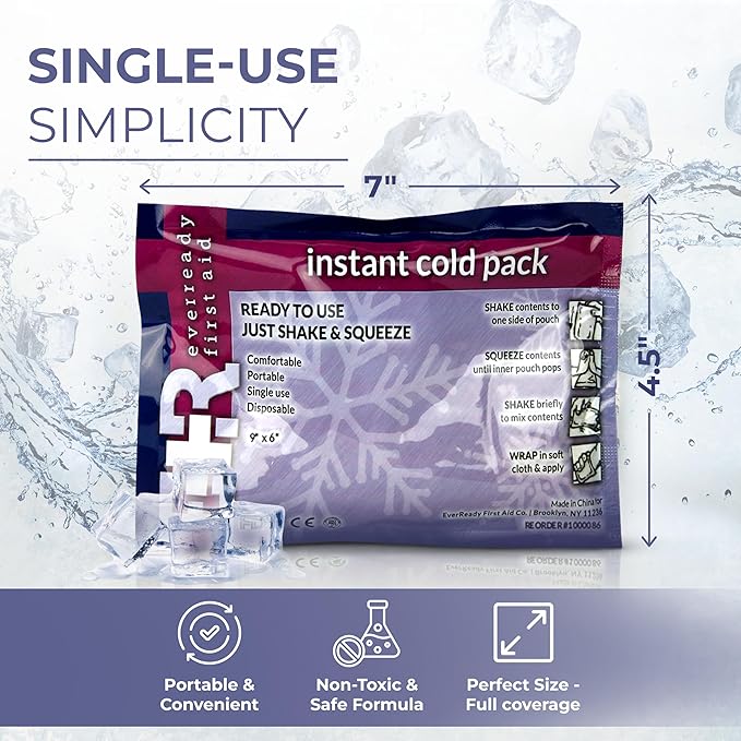 Ever Ready First Aid Disposable Cold Compress – Instant Ice Pack for Injuries, Swelling & Pain Relief – 4.5" x 7" – 12 Pack