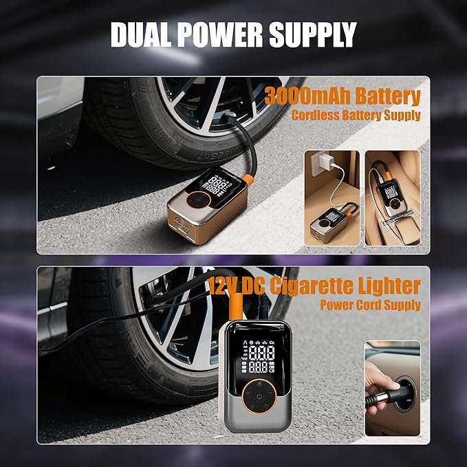 Cordless Tire Inflator, Portable with digital pressure gauge, 150PSI, Auto shut-off & LED light, 12V DC/Rechargeable dual mode, for Car/Motorcycle/Bike/Inflatable