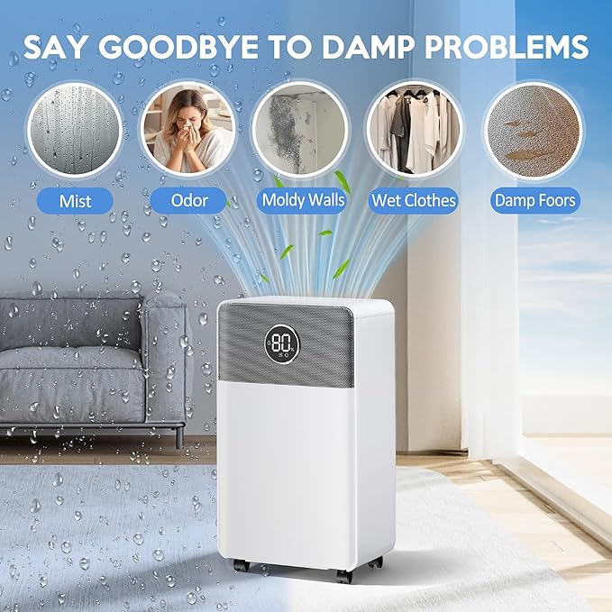 2500 Sq.Ft Dehumidifier with Drain Hose for Basement and Home Large Bedroom Bathroom, 35 Pints Dehumidifiers with Auto Shut Off, Intelligent Humidity Control, Auto Defrost, 3 Modes, 24HR Timer