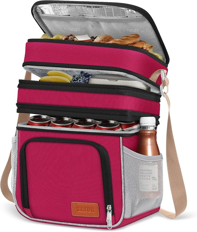 Insulated Lunch Bag for Women Men, Reusable 3 Layers Lunch Box Women, Expandable Reusable Water-resistant Lunch Box for Work Travel Office Picnic Hiking (Red)