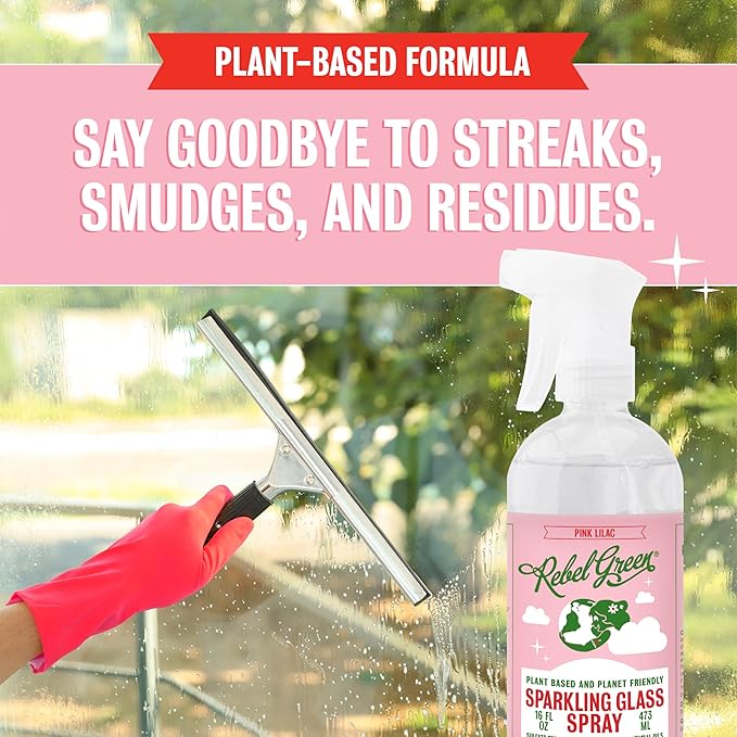 Rebel Green Sparkling Glass Spray - Streak-Free Natural Glass Cleaner for Windows, Mirrors, and Surfaces - Pink Lilac Scent - 16 oz - 2 Pack