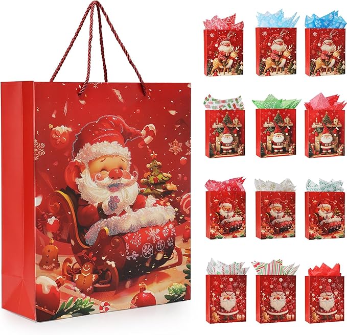 Rusikia 12 Christmas Gift Bags with 12 Tissues and 1 Satin Ribbon, Red Party Favor Bags Bulk with Handles, Glittery Cute Tree Balls Father Christmas Paper Bag for Wrapping, Present (Small 9"x7"x3")