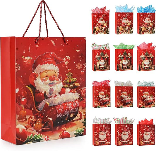Rusikia 12 Christmas Gift Bags with 12 Tissues and 1 Satin Ribbon, Red Party Favor Bags Bulk with Handles, Glittery Cute Tree Balls Father Christmas Paper Bag for Wrapping, Present (Small 9"x7"x3")