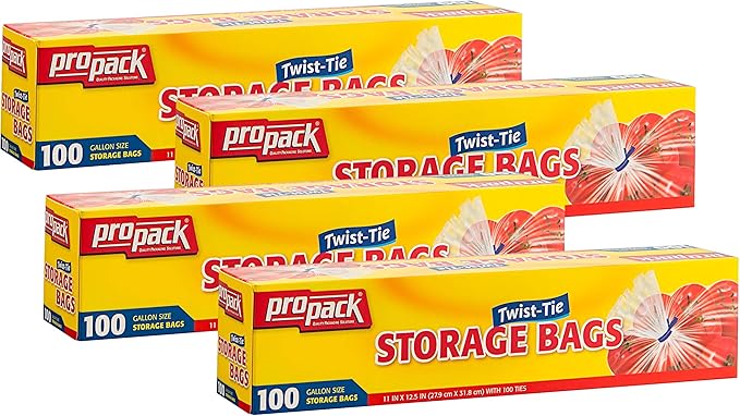 Disposable Plastic Storage Bags with Original Twist Tie, 1 Gallon Size, 400 Bags, Great for Home, Office, Vacation, Traveling, Sandwich, Fruits, Nuts, Cake, Cookies, Or Any Snacks (4 Packs)
