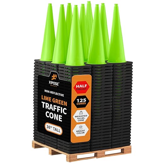 Xpose Safety 36” Lime Green Traffic Cone - 125 Pack - Premium PVC Safety Cone for Parking, Caution, Construction, Road Crews, Emergency Vehicle - DOT Approved