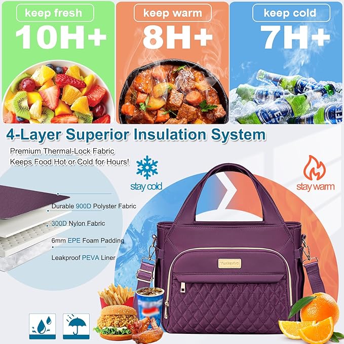 Lunch Bag Lunch Box Women - Insulated Lunch Tote Bag for Women Men, Leakproof Large Womens Lunch Bags for Work, Lunch Cooler Bag for Adult with Side Pocket for Picnic, Hiking, Beach (Purple)