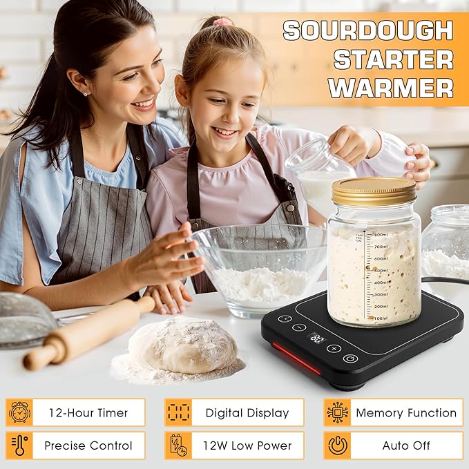 Upgraded Sourdough Starter Warmer, Precise 1°F Thermostat Control (70-100°F) Warming Heating Pad Mat with 0–12H Timer & Auto On/Off, Memory Function, Sourdough Heater Proofing Tool for Home Baking