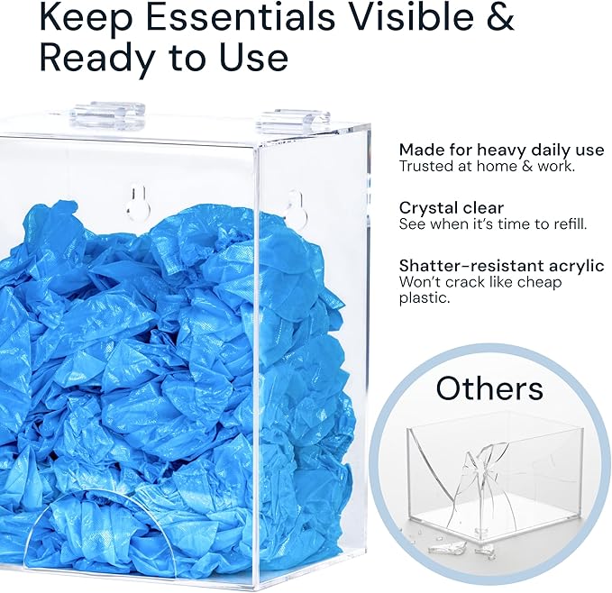 Glove Dispenser Wall Mount - Medium Clear Acrylic - Latex Glove Storage & Hair Net Dispenser - Acrylic Wall Mount Container for Household Essentials