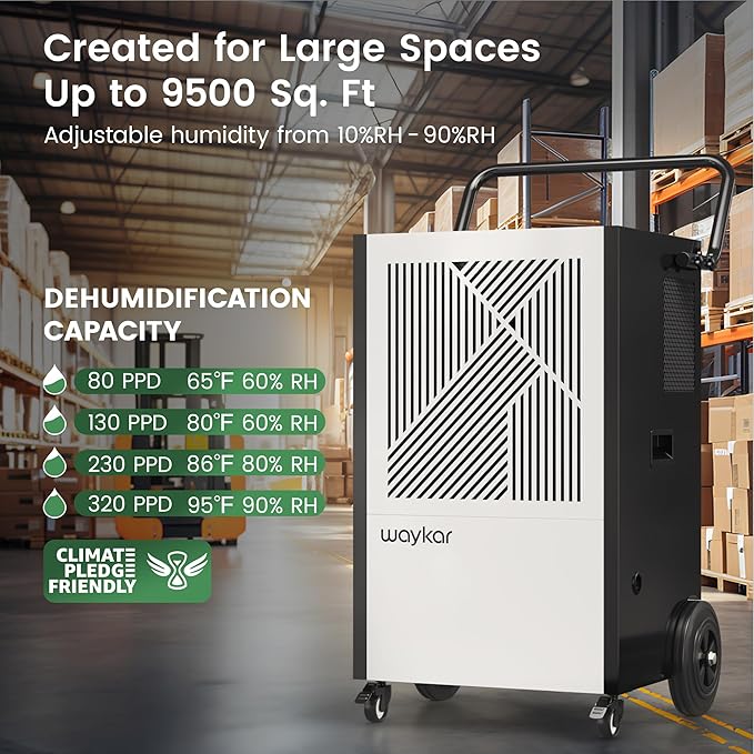 Waykar 155 Pints Commercial Dehumidifier with Pump, Drain Hose and Washable Filter Space up to 8000 Sq. Ft, for Basements, Industrial or Commercial Spaces - 5 Year Quality Coverage