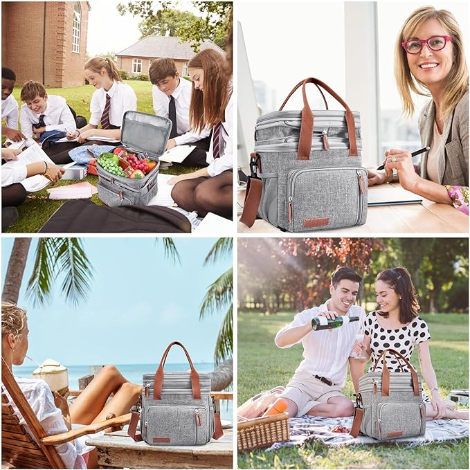 LOKASS Lunch Box & Lunch Bag for Women Men, Expandable Insulated Adult Lunch Box Leakproof Cooler Bag with Adjustable Shoulder Strap, Reusable Womens Lunch Bags for Work Picnic Beach, 16L, Grey