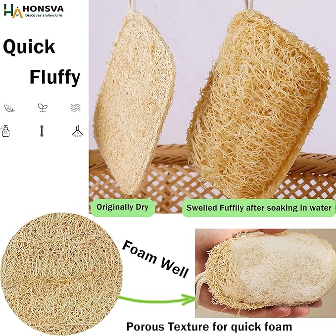 Natural Loofah Kitchen Sponge (3 Pcs) No Scratch Scrubber for Dishwashing, 100% Plant Fibers Vegetable Scrubber, Zero Waste and Eco Friendly Loofa, Square, Large Size
