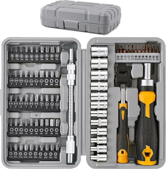 Hi-Spec 78pc Multi Screw Driver Bit Set and 1/4 inch Socket Set with Handles. Flexible Extension, Precision, Torx and Tamperproof 1/4 inch Hex Screwdriving Bit Accessories in a Case