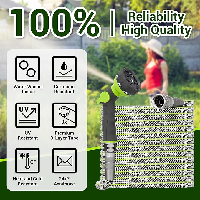 Flexible Garden Hose 25 FT - Heavy Duty Non-Expandable 25FT Outdoor Water Hose Pipe, 1/2" x 25Feet, 3/4" Solid Swivel Fittings, 25 Feet, Kink and Leak Proof