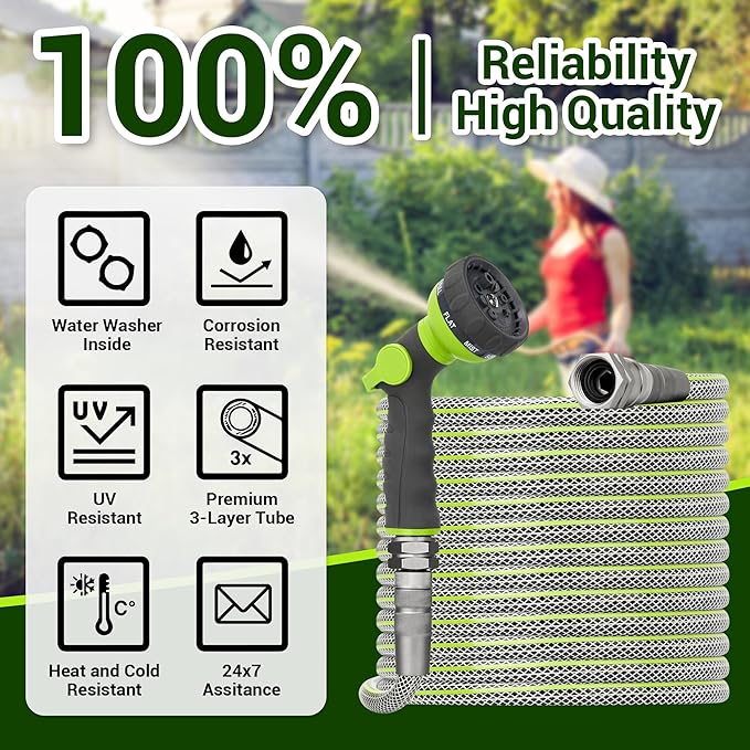 Flexible Garden Hose 75 FT - Heavy Duty Non-Expandable 75FT Outdoor Water Hose Pipe, 1/2" x 75Feet, 3/4" Solid Swivel Fittings, 75 Feet, Kink and Leak Proof