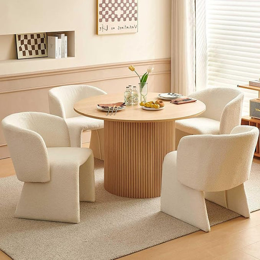47-in Round Dining Table with 4 Chairs Set, Modern Kitchen Table with Two-Part Oak Wood Finish Tabletop and Wooden Strip Base, Fully Wrapped Teddy Velvet Barrel Dining Accent Chairs