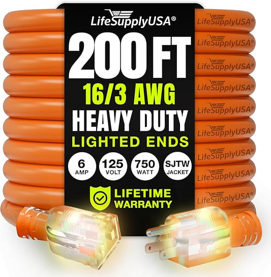 200ft Outdoor/Indoor Extension Cord 16/3 Gauge Heavy Duty 3 Prong SJTW, Waterproof, Flexible Cold-Resistant Long Power Cord,6A 125V 875W, Orange by LifeSupplyUSA