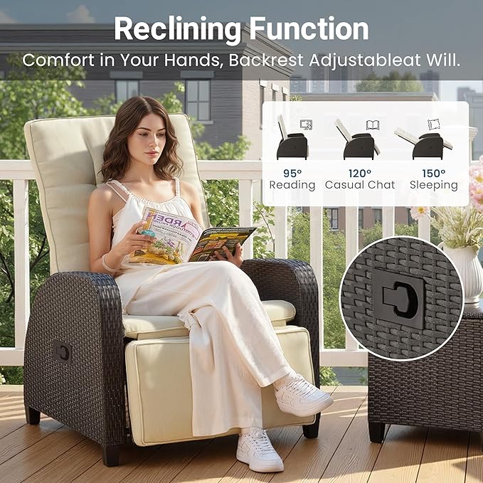 Green4ever Outdoor Patio Recliner with Independently Adjustable Backrest and Footrest, All-Weather Wicker Patio Chair, 160° Lay Flat Patio Reclining Lounge Chair for Backyard Garden, Beige