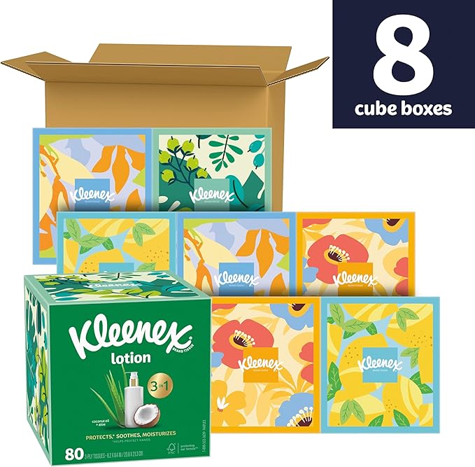 Kleenex Lotion Facial Tissues with Coconut Oil, 8 Cube Boxes, 80 Tissues Per Box, 3-Ply (Pack of 2)