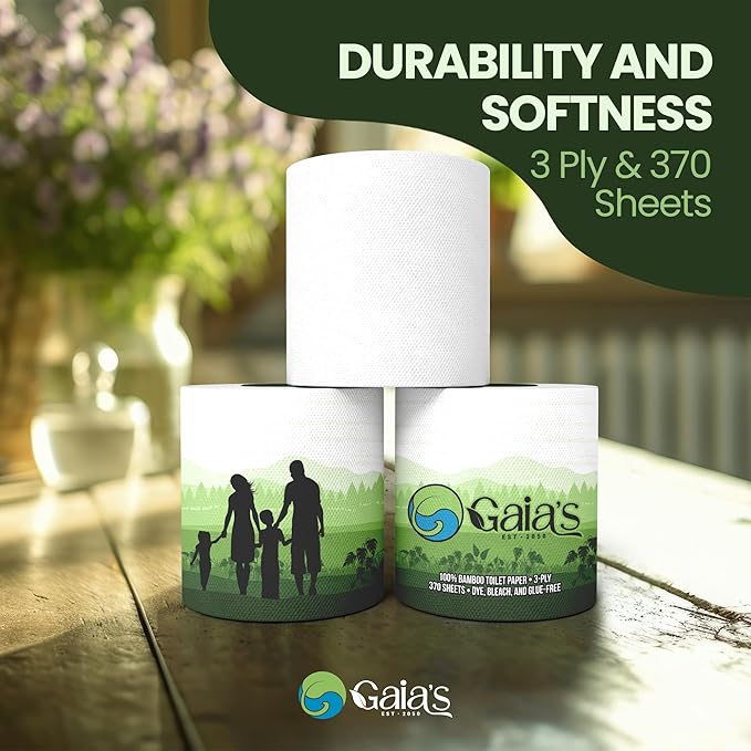 Gaias Premium and Soft Organic Bamboo Toilet Paper | 24 Mega Rolls, 3 Ply, 370 Sheets | FSC Certified, PFAS & BPA Free, Eco-Friendly, Sustainable Tissue - Plastic Free, Septic Safe, Vegan