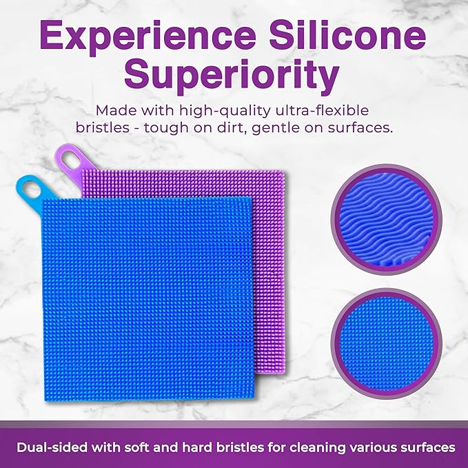 Silicone Dish Scrubber Sponges (5-Pack) - Dual-Sided Silicone Scrubbers and 1 Bottle Stick Brush - Food Grade Kitchen Scrubbers for Dishes - BPA-Free Sponges