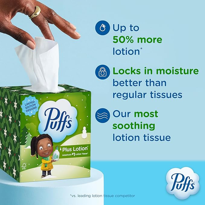 Puffs Plus Lotion Facial Tissue, 4 Mega Cube Boxes, 72 Tissues Per Box