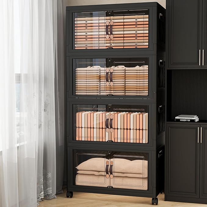 Storage Bins with Lids and Wheels, Collapsible Bathroom Storage Cabinet with Clear Doors, Plastic Stackable Closet Organizers and Storage Containers Black 628 QT