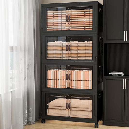 Storage Bins with Lids and Wheels, Collapsible Bathroom Storage Cabinet with Clear Doors, Plastic Stackable Closet Organizers and Storage Containers Black 628 QT