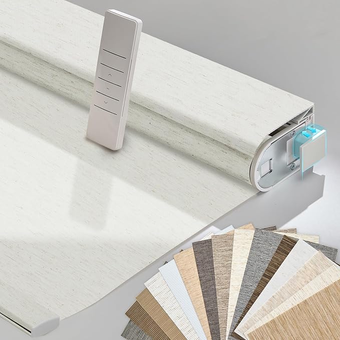 Persilux Smart Motorized Blinds with Remote, No Drill Automatic Roller Shades for Indoor Windows, Light Filtering Linen Fabric, Electric Blinds for Windows, Texture Cream 1703, Custom Size