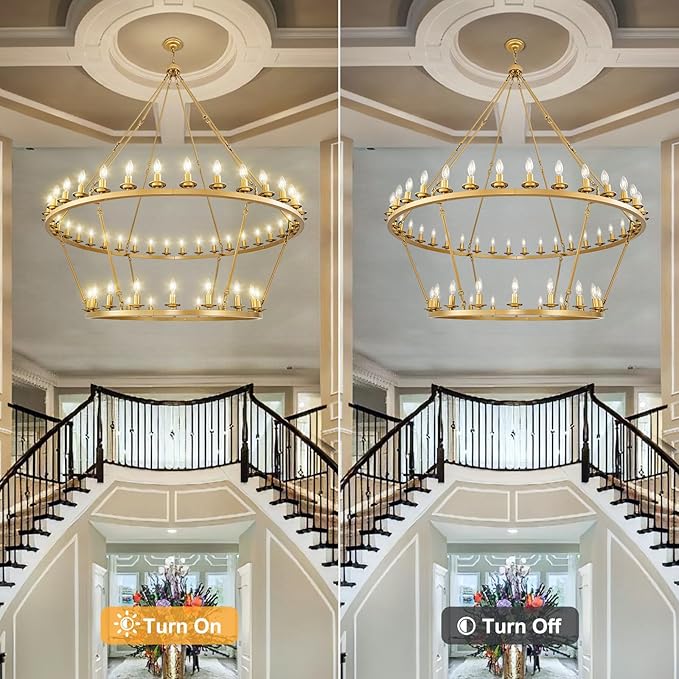 Wagon Wheel Chandelier, 2-Tier 54-Light Gold Extra Large Modern Rustic Farmhouse Chandelier Adjustable Height Light for High Ceiling Living Room, Entryways, Foyer, Dining Room