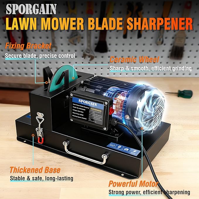 Lawn Mower Blade Sharpener 2/3 HP 500W, 7" Ceramic Wheel with 20 Sandpapers, Heavy-Duty Sharpening Machine for High/Low Lift, Gator & Flat Blades