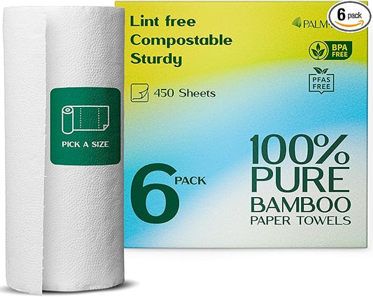100% Bamboo Paper Towels | Lint-Free, Eco-Friendly, Tree-Free | 2-Ply Kitchen Paper Towel | Food Grade – FSC-Certified, BPA/PFAS-Free | 6 Rolls (450 Sheets) | PALM NAKI