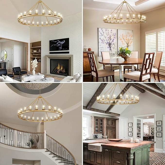 Wagon Wheel Chandeliers, 24-Light Gold Modern Rustic Large Farmhouse Chandelier Adjustable Height Light for High Ceiling Living Room, Entryways, Foyer, Dining Room, Kitchen