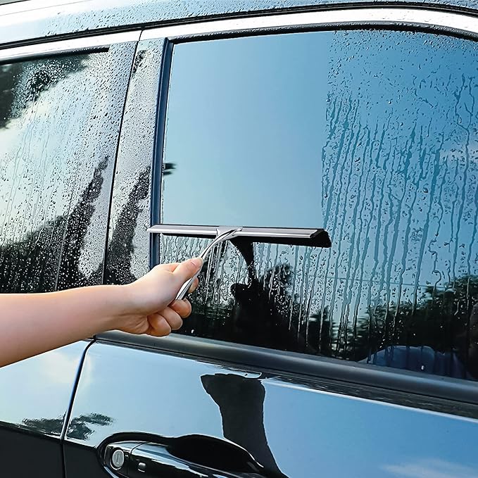 DSV Standard All-Purpose Shower Squeegee for Shower Doors, Bathroom, and Car Windshield - Stainless Steel Window Cleaner Tool with Adhesive Hook - 10 inch, Silver