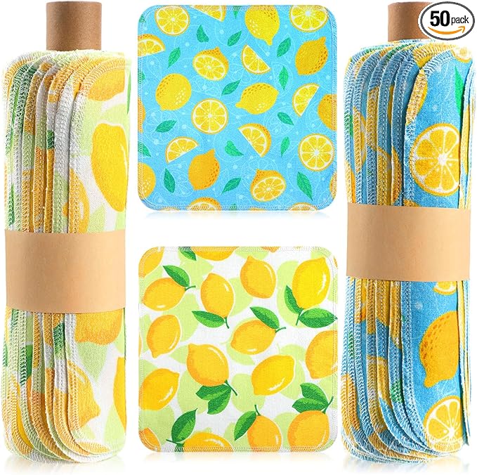 Redbaker 50 Pcs Reusable Paper Towels Paperless Reusable Cotton Cloths Toilet Absorbent Washable Paper Towels with Roll Kitchen Dishcloth for Kitchen Paperless Dishcloths(Lemon)